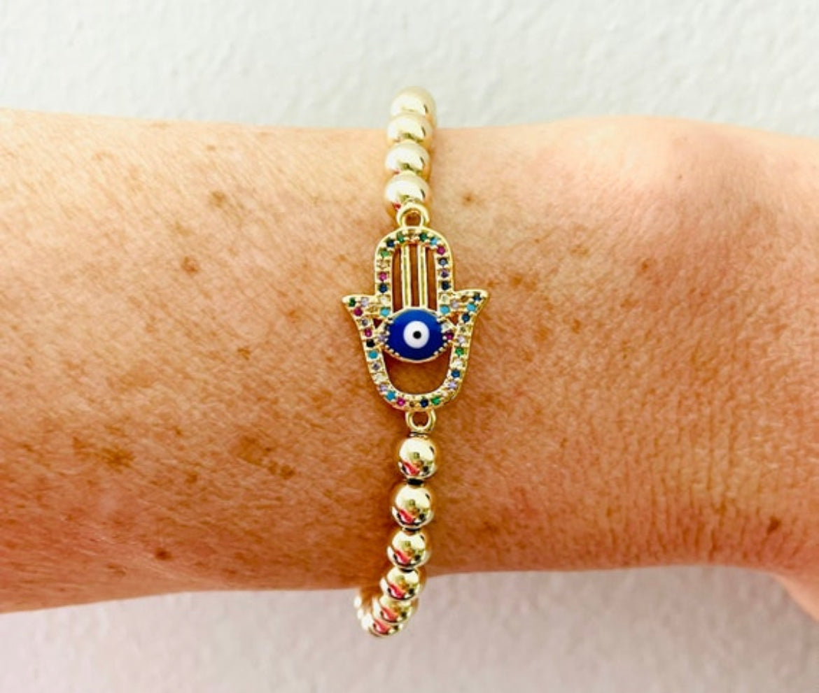 Hamsa Evil Eye Gold Filled Beaded Bracelet