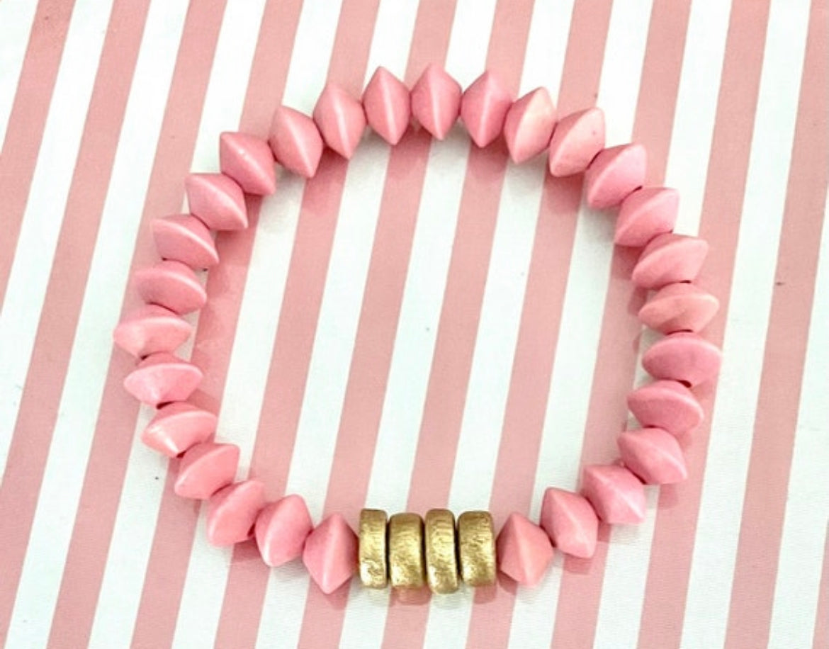 Pink and Gold Wood Bead Bracelet