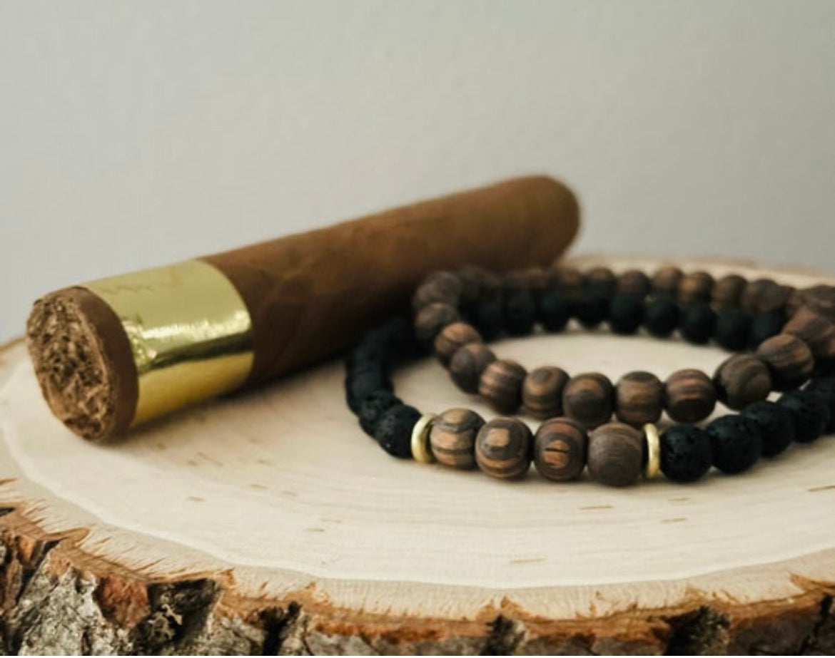 Black Lava and Dark Wood Beaded Bracelet Stack