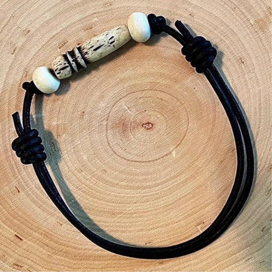 Adjustable Leather Cord Bone Bead Bracelet